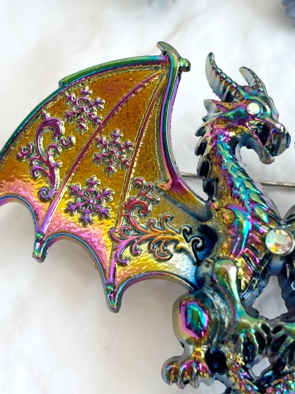 Iridescent Twin Dragon Figural Rhinestone Accented Vintage Inspired Brooch Pin - Picture 7 of 16